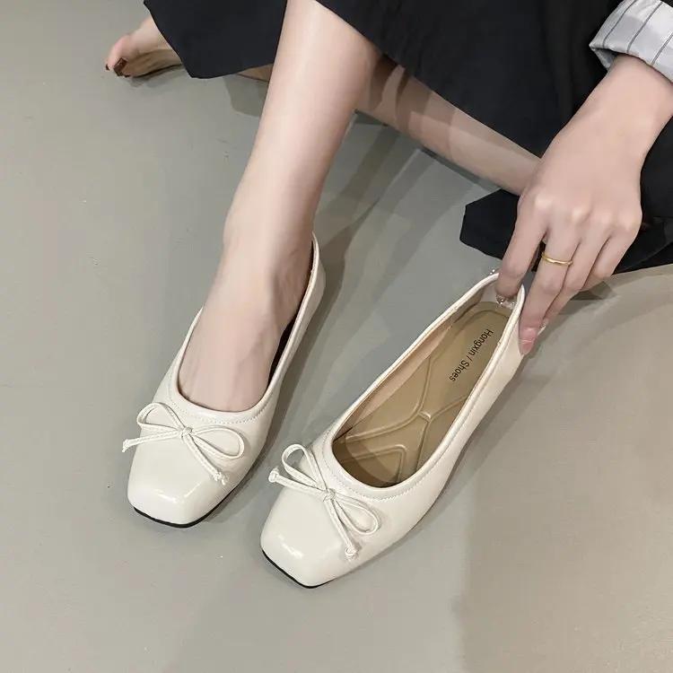 Fashion Women Bow Square Toe Soft Sole Single Shoes Comfort Slip On Soft Sole Flats Shoes Ladies Silver Round Toe Ballet Dress Loafers
