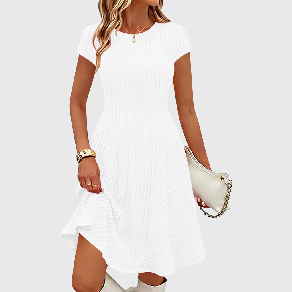 Women's Ribbed Knit Short Sleeve Round Neck Midi Dress Casual Swing Fit a Line Sundress