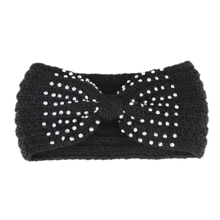

Новая зимняя теплая вязаная повязка на голову с бантом и стразами для женщин и девушек, европейская однотонная повязка-тюрбан для волос