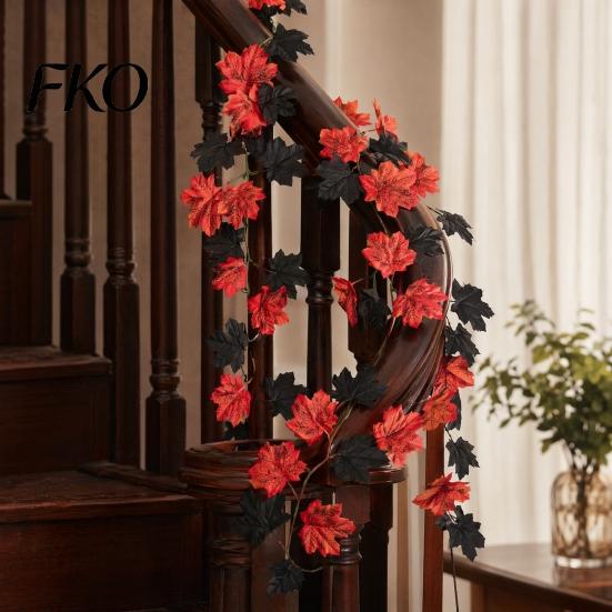 High-density Fabric Leaves Artificial Maple Leaf Garland, Autumn Faux Vine, Black & Red Fall Garland Hanging Vine for Fireplace Front Door