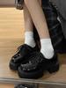 Women's 2024 Black British-Style Lace-Up Leather Shoes: Round Toe, Thick Sole, Patent Mid-Heel for Autumn.