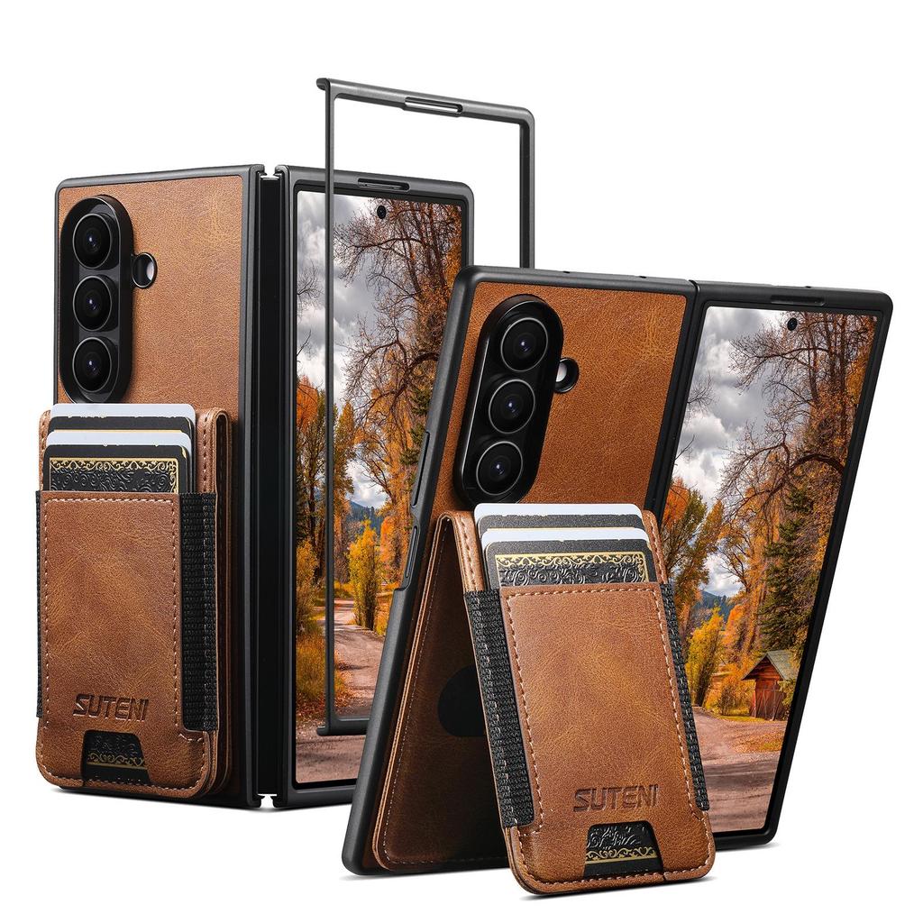 SUTENI Leather Case for Samsung Z Fold 5/6/7: Oil Wax Texture, Card Slot, Elastic Band, Stand Function.
