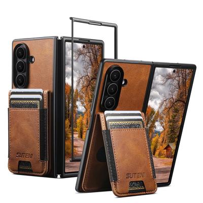 SUTENI Leather Phone Case for Samsung Z Fold 7/6/5 - Wax Texture with Elastic Band, Card Slot, and Stand