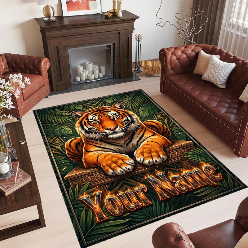 Lion Tiger Theme Crystal Velvet Rug Personalized Custom Name Text Soft Floor Mat Home Decor