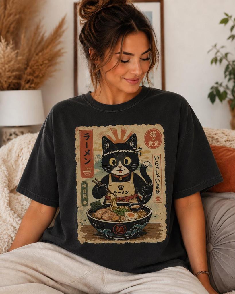 Ramen Chef Cat Shirt, Black Cat Anime Tee, Japanese Noodle Shop Shirt, Foodie Cat Gift, Kawaii Ramen Lover Tee
