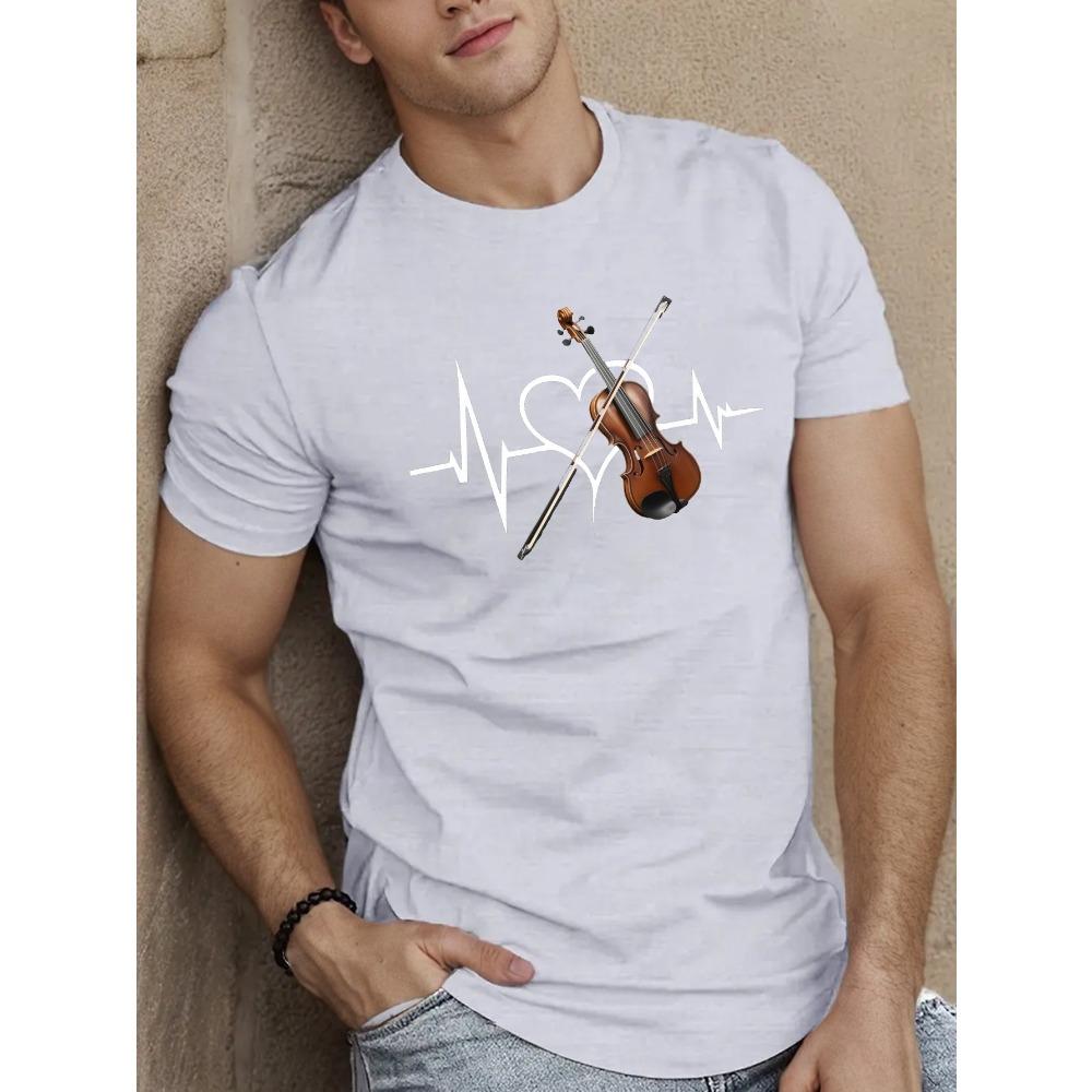 European sizes Men's Summer Casual T-Shirt with Unique Violin Heartbeat Design - Soft Polyester, Crew Neck, Machine Washable