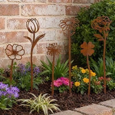 1 Ensemble de Piquets de Jardin Fleur Rouillée, Décorations Rose Tulipe Découpées en Métal, Piquets Artistiques Silhouette Fleur Plante pour Pot de Fleurs de Jardin, Jardinière, Pelouse
