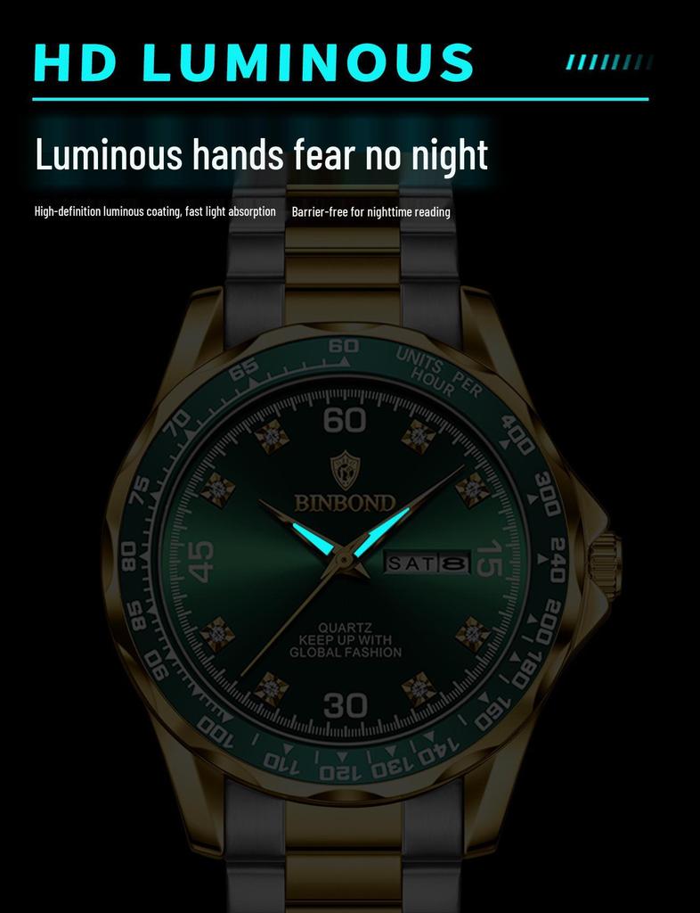 Binbang Men's Green Submariner Quartz Watch, Double Calendar, Steel Band, Business Waterproof.