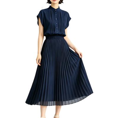Long Chiffon Pleated Loose Slimming [Kayiyasu] Women's Dress, Fit, Effect, Spring/Summer (Size S, Navy)