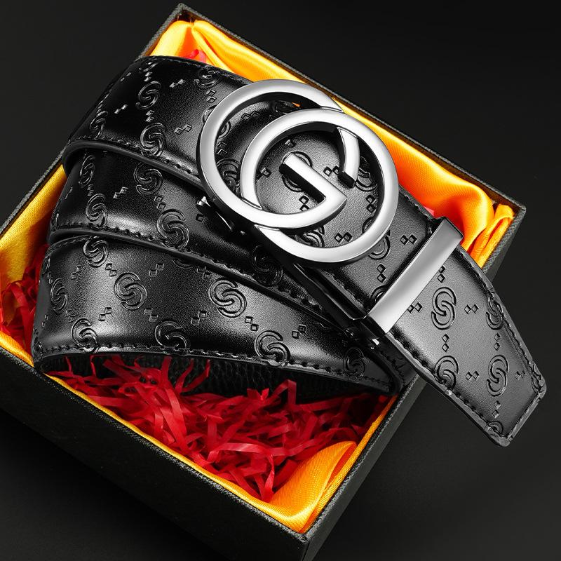 New Men's Cowhide Belt Business Casual Automatic Buckle Genuine Leather Belt Middle Aged and Young Fashionable Simple Jeans Belt