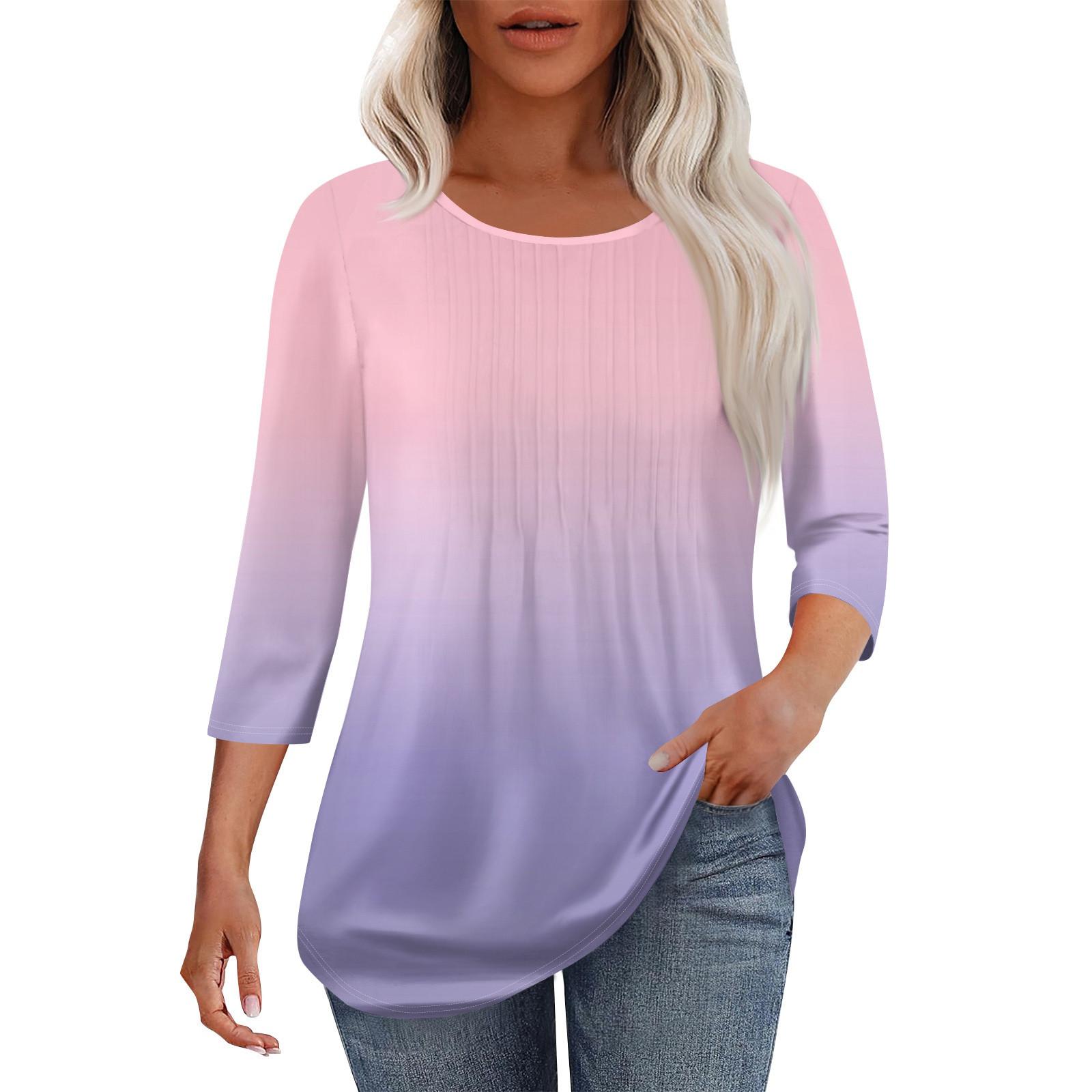 Женская модная повседневная плиссированная футболка с круглым вырезом и принтом для отдыха с рукавом семь четвертей XL