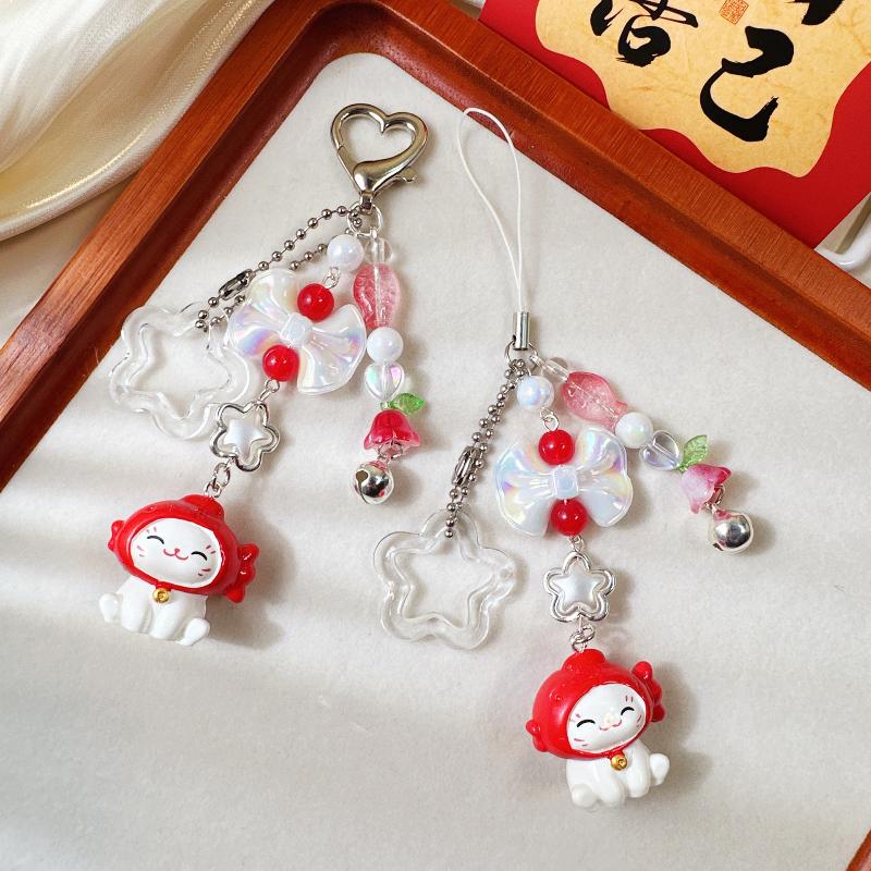 Cute Cartoon Lucky Cat Bead Keychain Kawaii Kitten Mobile Phone Chain Backpack Pendant Car Key Chain Accessories Gifts
