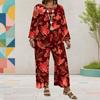 Women Plus Size Black Floral Printed Round Neck Long Sleeve Top Wide Leg Cropped Pants Two Piece Set
