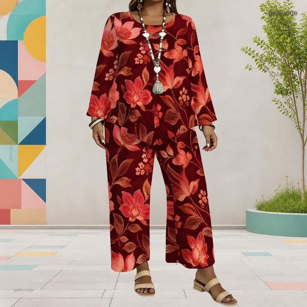 Women Plus Size Black Floral Printed Round Neck Long Sleeve Top Wide Leg Cropped Pants Two Piece Set