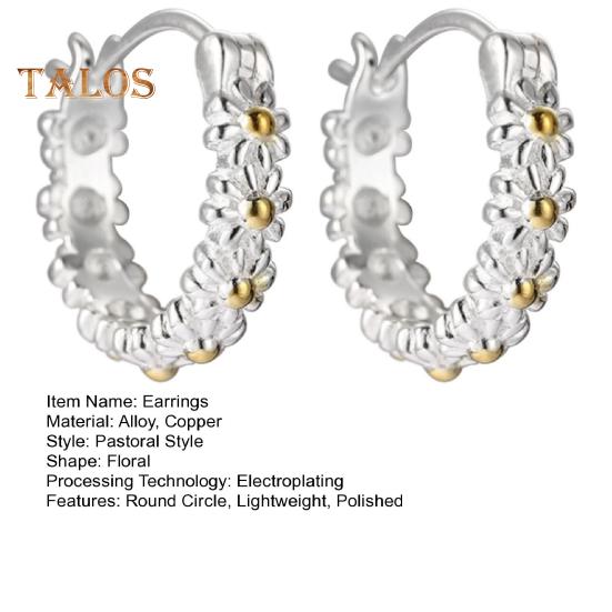 1 Pair Women Huggie Earrings Flower Decor Smooth Polished Alloy Copper Retro Pastoral Style Round Circle Lady Earrings