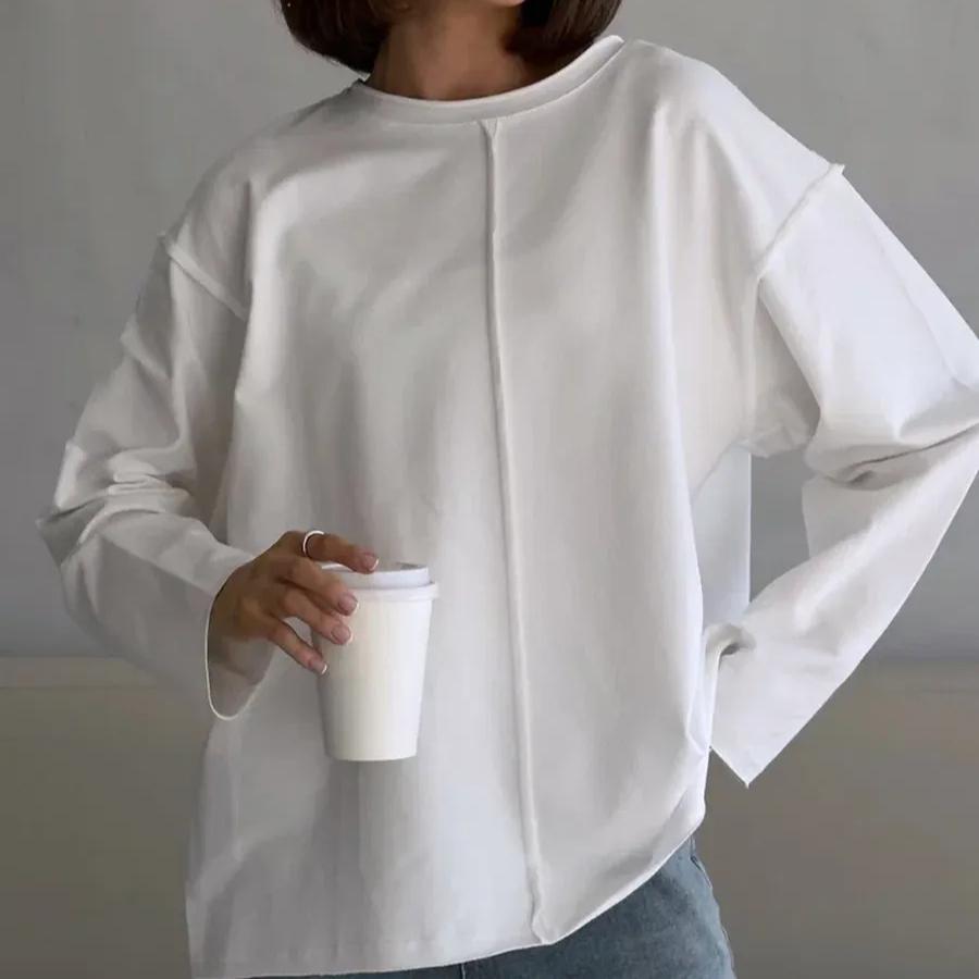 

Женские свободные футболки с длинным рукавом, базовые футболки с круглым вырезом, весенние и осенние толстовки, повседневные, для тренировок, модные, однотонные, хлопковые пуловеры, топы для женщин S/M белый