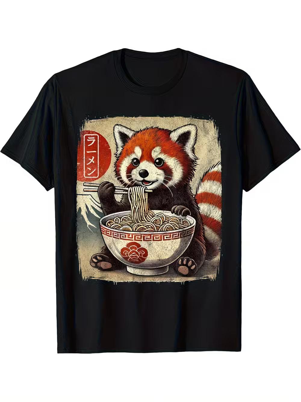 Men S Funny Red Panda Eating Ramen Japanese Kawaii Anime Design T-Shirt - Black Casual Short Sleeve Crew Neck XXL