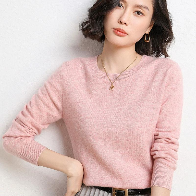 Spring and Autumn Women's Sweater Pullover Knit Sweater Round Neck Long Sleeve Sweater Bottom Shirt Solid Color Sweater