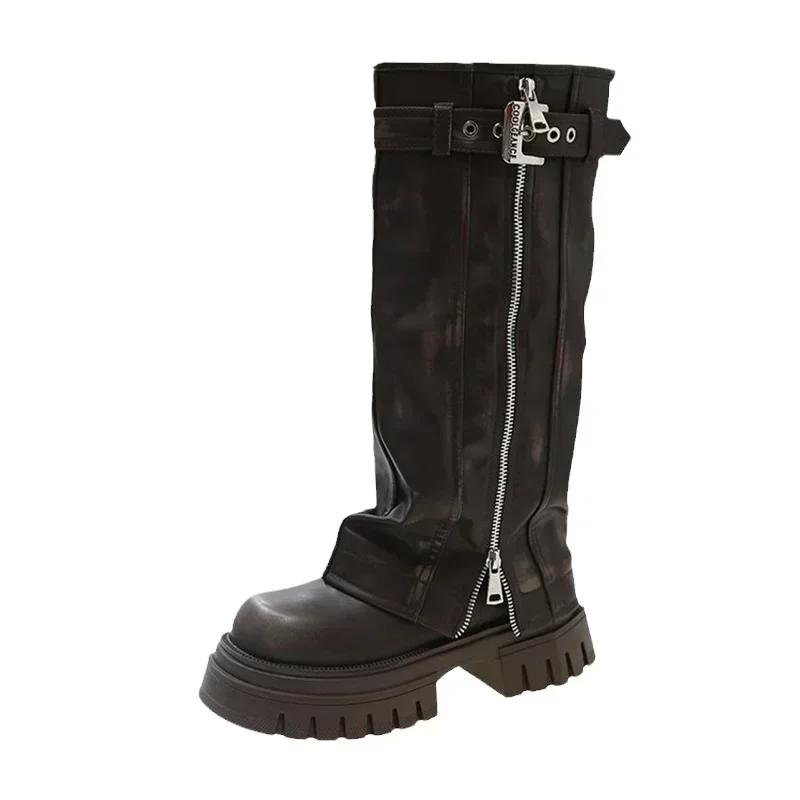 Fashion Winter Women Biker Boots Fashion Belt Buckle Ladies Elegant Platform Long Pipe Booties Casual Women's Knee High Booties