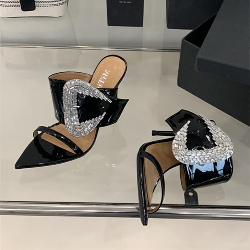 

Fashion Luxury Rhinestone Decorated Women Slippers Summer Sexy Pointed Toe Thin High Heels Sandals Elegant Banquet Dress Slide Sandals 35 чёрный