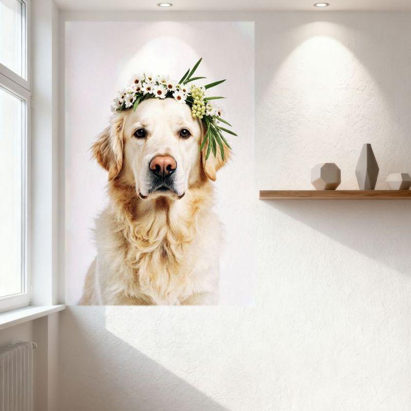 Golden Retriever with Light Golden Fur Tin Sign - Floral Wreath Metal Poster, Calm Dog Wall Decor for Bar Pub Home Cafe, 8x12 In