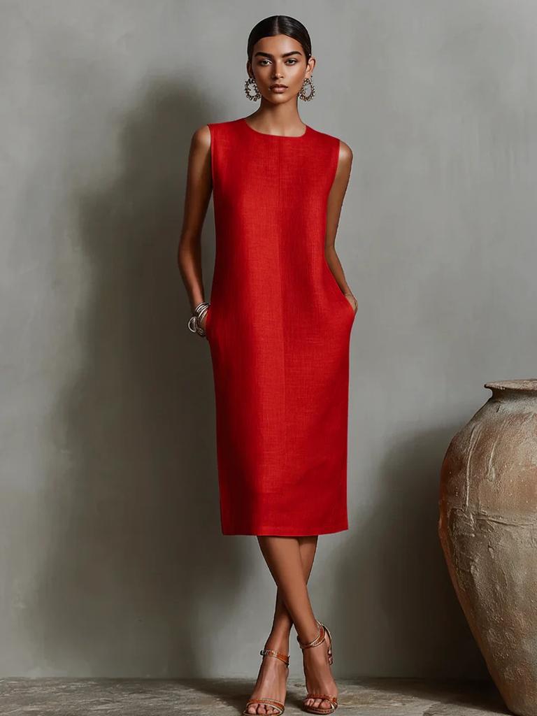 Women Sleeveless Side Pockets Midi Dress Solid Orange Casual Loose Fit Summer Dress