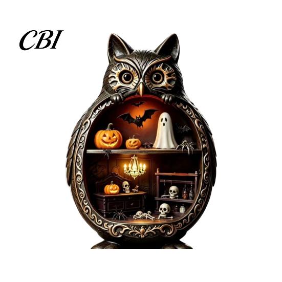 Vintage Wood Halloween Wooden Owl Tabletop Centerpiece, 2D Flat Pumpkin Ghost Bat Art Skeleton Standing Table Sign for Party, Shelf, Desk Decor Shelf