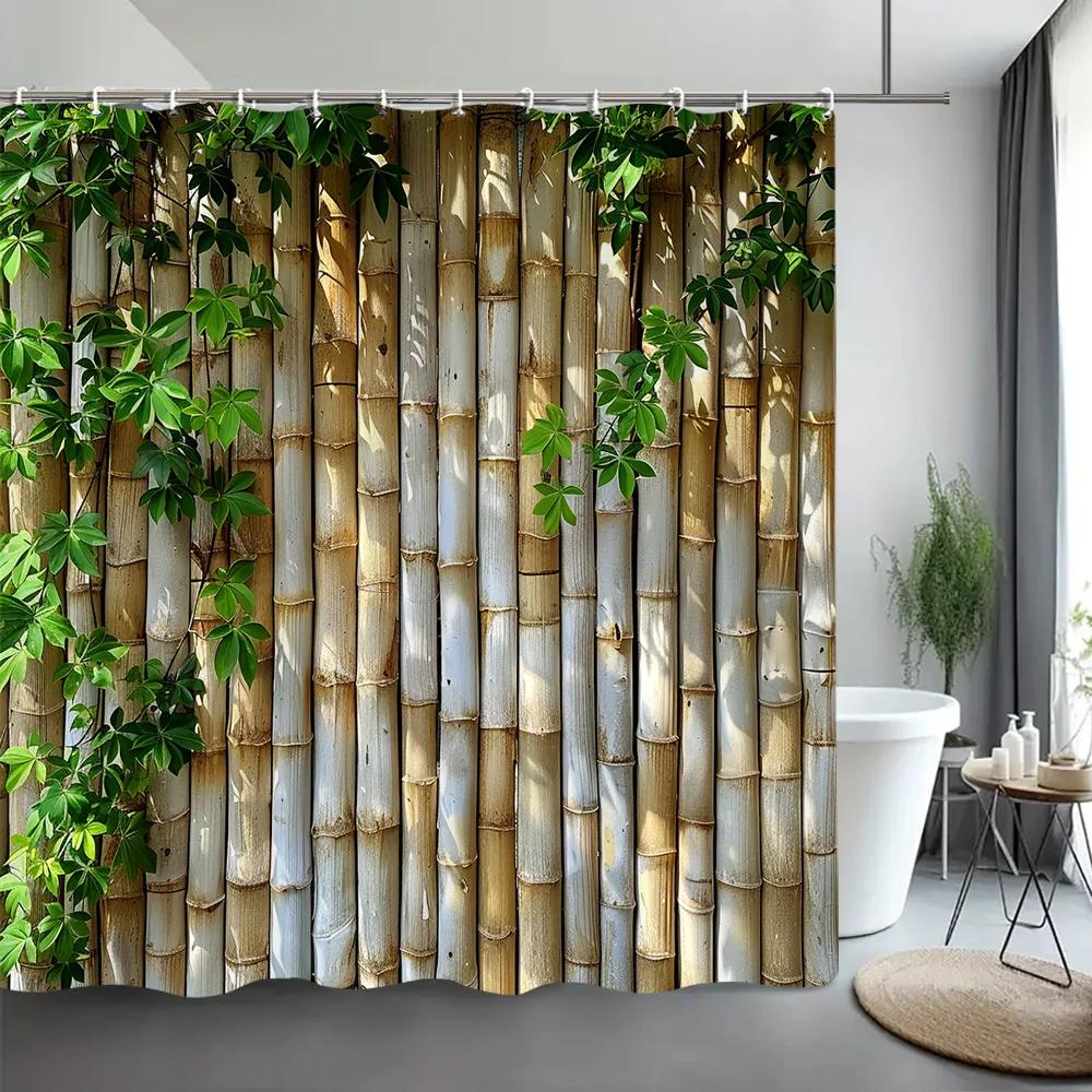 Grønt Bambus Dusjforheng Zen Meditasjon Natur Botanisk Polyesterstoff Dusjforheng Baderomsdekor med Kroker
