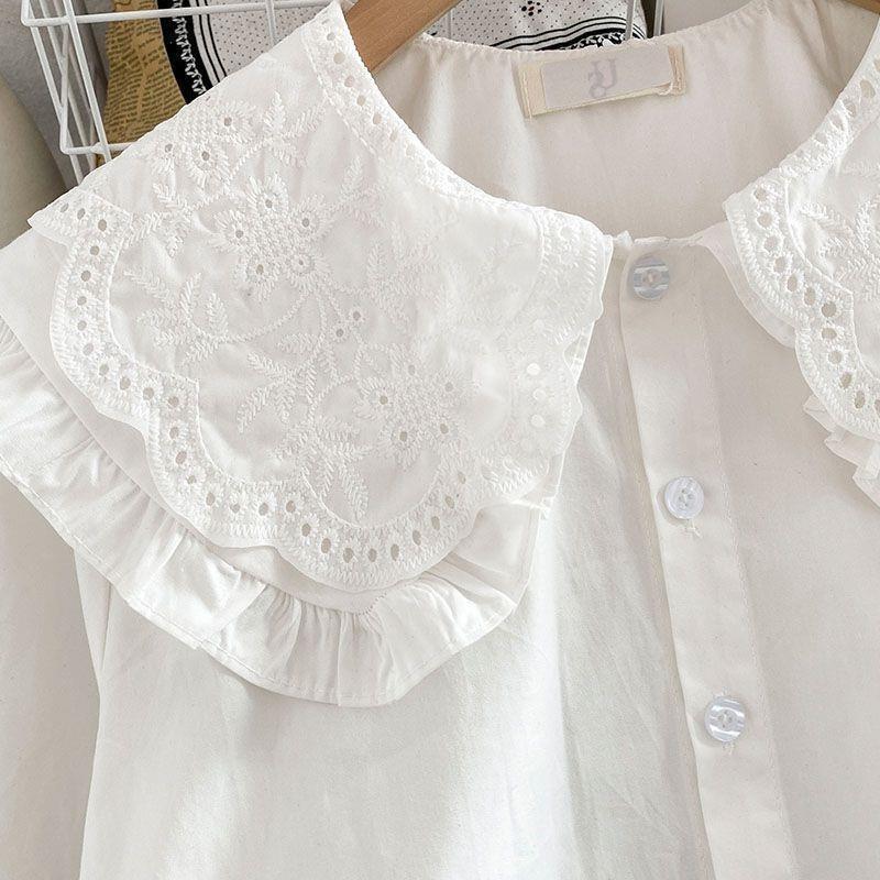 White Shirt Ruffled Loose Long-sleeved Top Autumn New Solid Color Doll Collar Shirt Women French Sweet