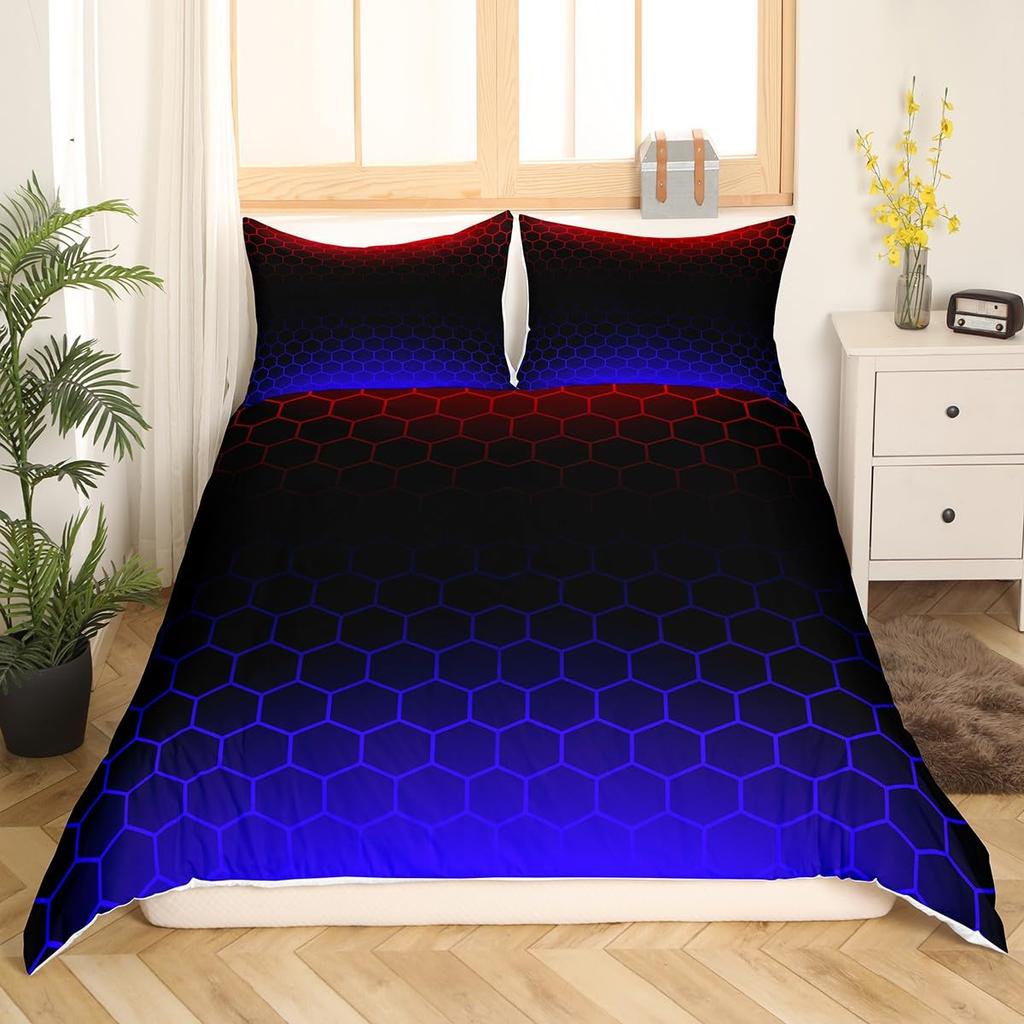 Blue Purple Honeycomb Soft Duvet Cover Fluorescent Geometric Honeycomb Beding Set Behive Hexagon Warm Comforter Cover for Young Boys Young Girls
