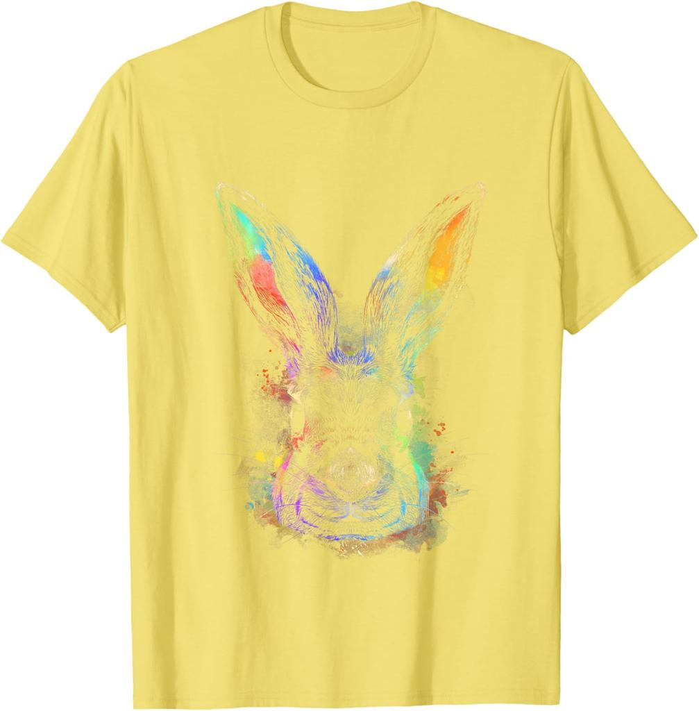 Colorful Rainbow Watercolor Rabbit Graphic Tee Men Casual Crew Neck Daily T-Shirt Easter