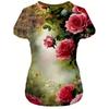 Women's Elegant Rose Print T-Shirt Crew Neck Top with Slight Stretch Fabric, Vibrant Floral All-Season Comfort Fit, Ladies T Shirts, Casual Wear