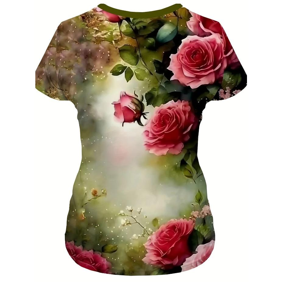 Women's Elegant Rose Print T-Shirt Crew Neck Top with Slight Stretch Fabric, Vibrant Floral All-Season Comfort Fit, Ladies T Shirts, Casual Wear