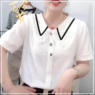New Summer Cute Age Reducing Fashion Doll Neck Spliced  Ruffle Edge Jacquard Button Loose Casual Versatile Shirt