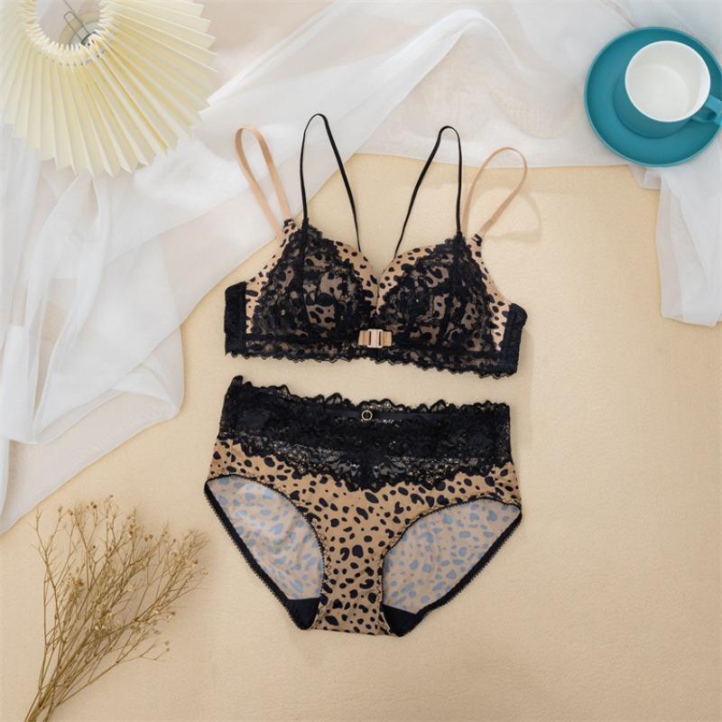 No-rim Sexy Leopard Print Bra Front Clasp Beautiful Back Comfortable Lace Underwear Set