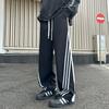 Autumn new large size Guochao three-bar shock pants Hong Kong style men's straight-leg pants wide-leg pants casual trousers