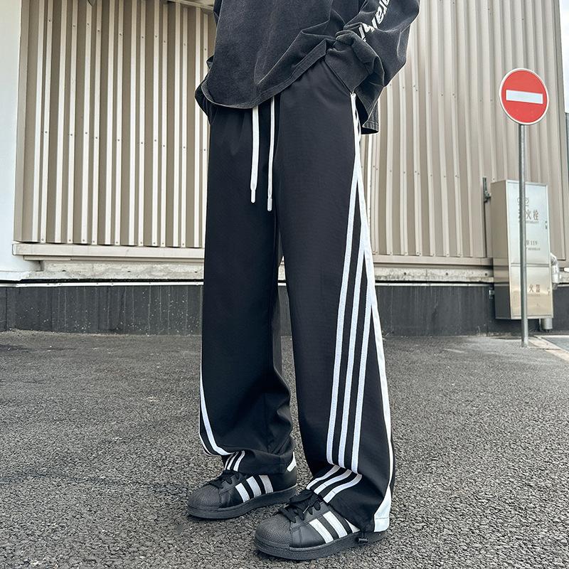 Autumn new large size Guochao three-bar shock pants Hong Kong style men's straight-leg pants wide-leg pants casual trousers