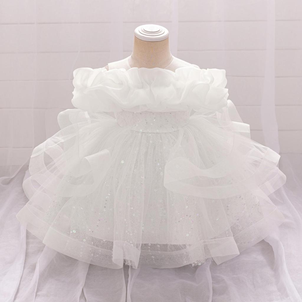 Kinder Schulterfreies Puffiges Prinzessin Mesh Kleid für Klavieraufführungen