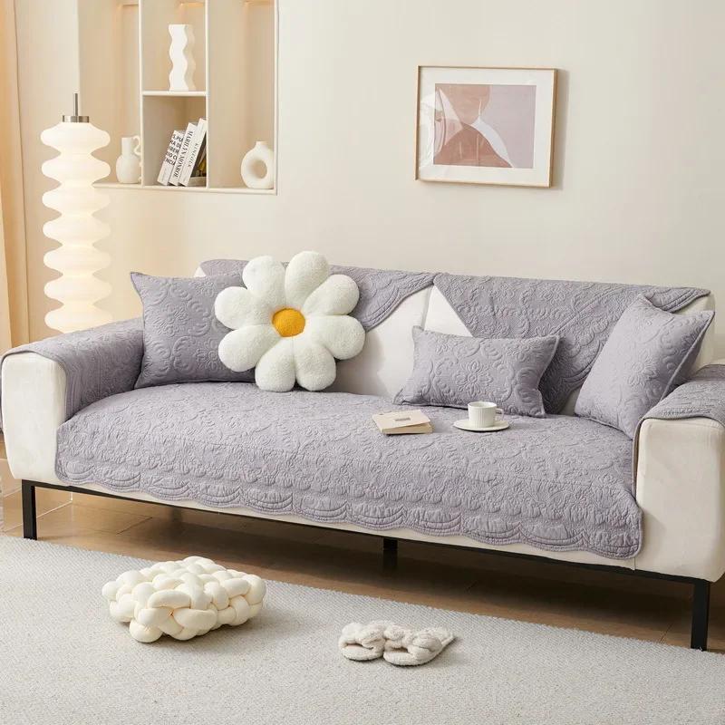 Cotton Sofa Cover for Living Room Cream Style Solid Color Sofa Cushion Non-Slip Four Seasons Couch Towel Furniture Protector