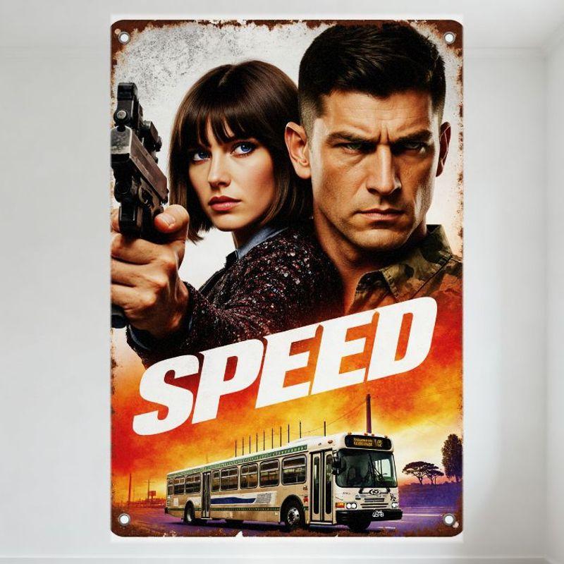 

SPEED Film Metal Tin Sign, Vintage Movie Poster Wall Decor with Two Characters & City Bus, Retro Iron Plaque for Home Man Cave B 20x30cm（7.8x11.8inch）