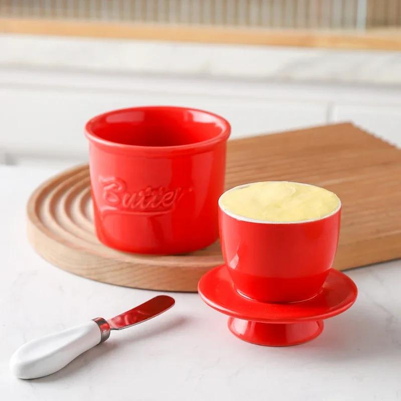 Multi Color Butter Crock with Lid Modern Round Ceramic Butter Holding Plates Butter Keeper Cheese Storage Container