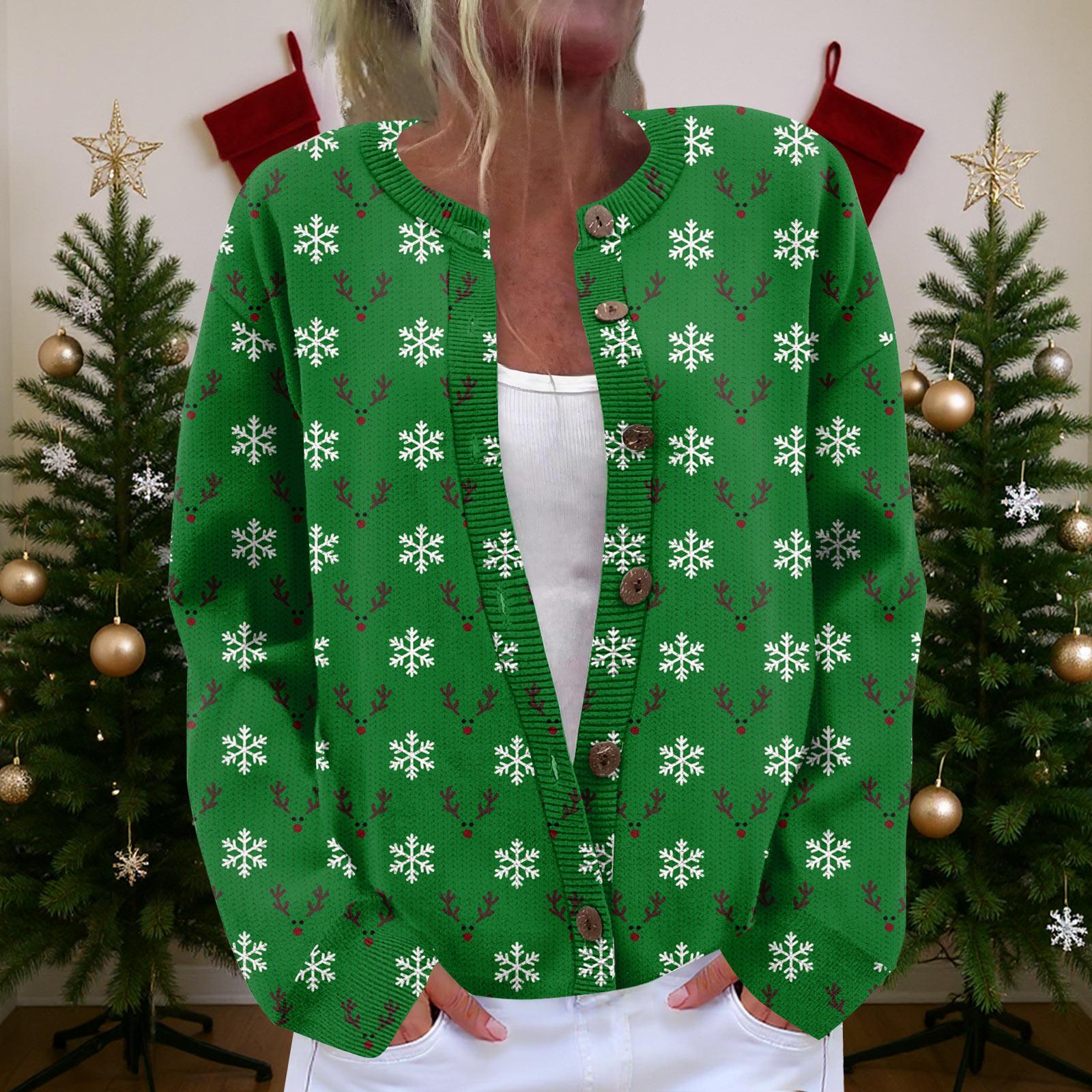 

Women s Cardigan Long Sleeve Lightweight Fun Christmas Print Jacket M зелёный