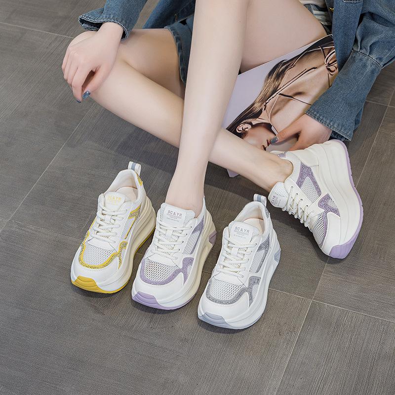 Fashion 8CM Popular Elder Shoes 2025 Summer New Versatile Mesh Breathable Women's Shoes Thick Bottom Inner Height Casual Sports