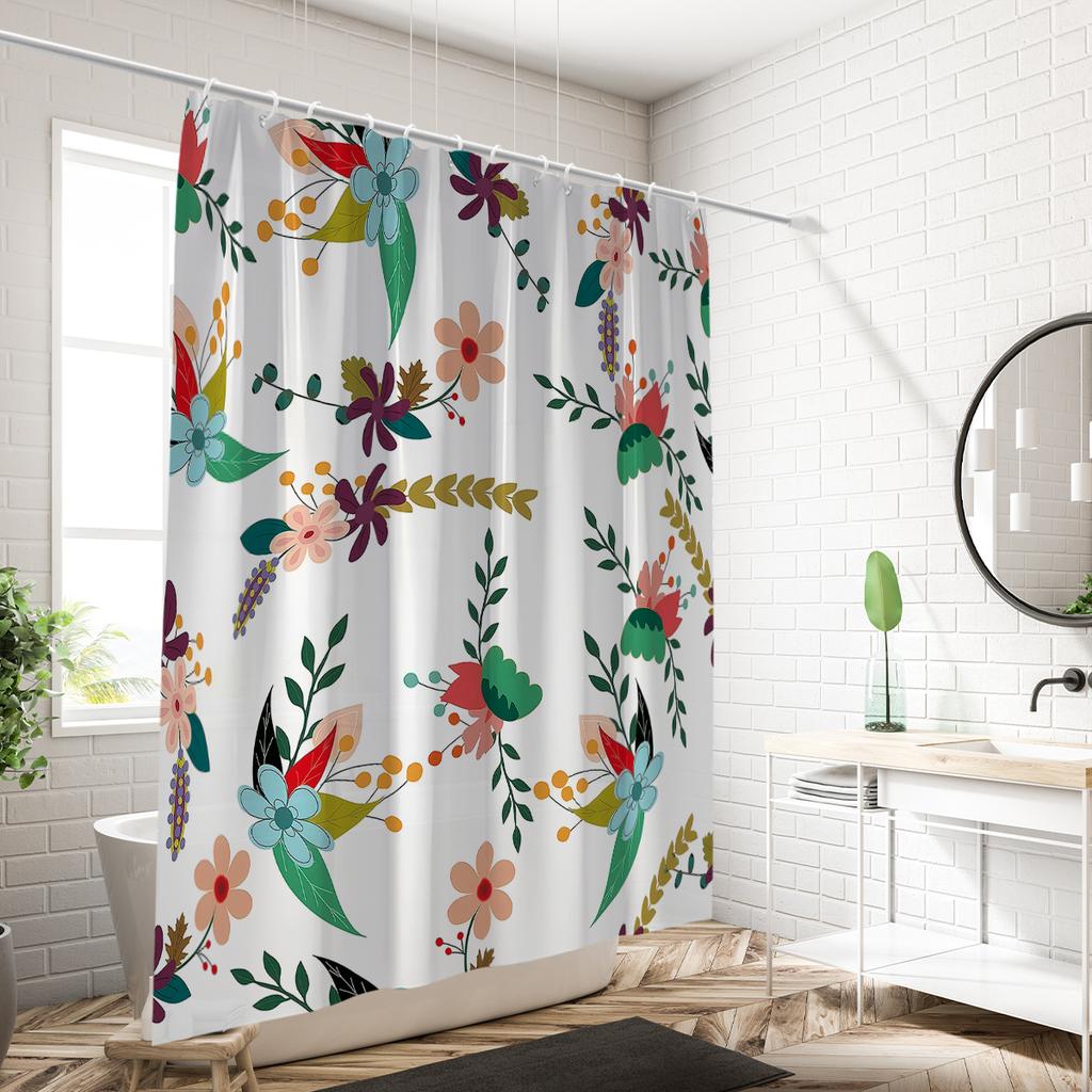 1 Piece of 180x180cm Green Leaf Pink Flower Digital Printing Shower Curtain Partition, Bathroom Waterproof and Mold Resistant