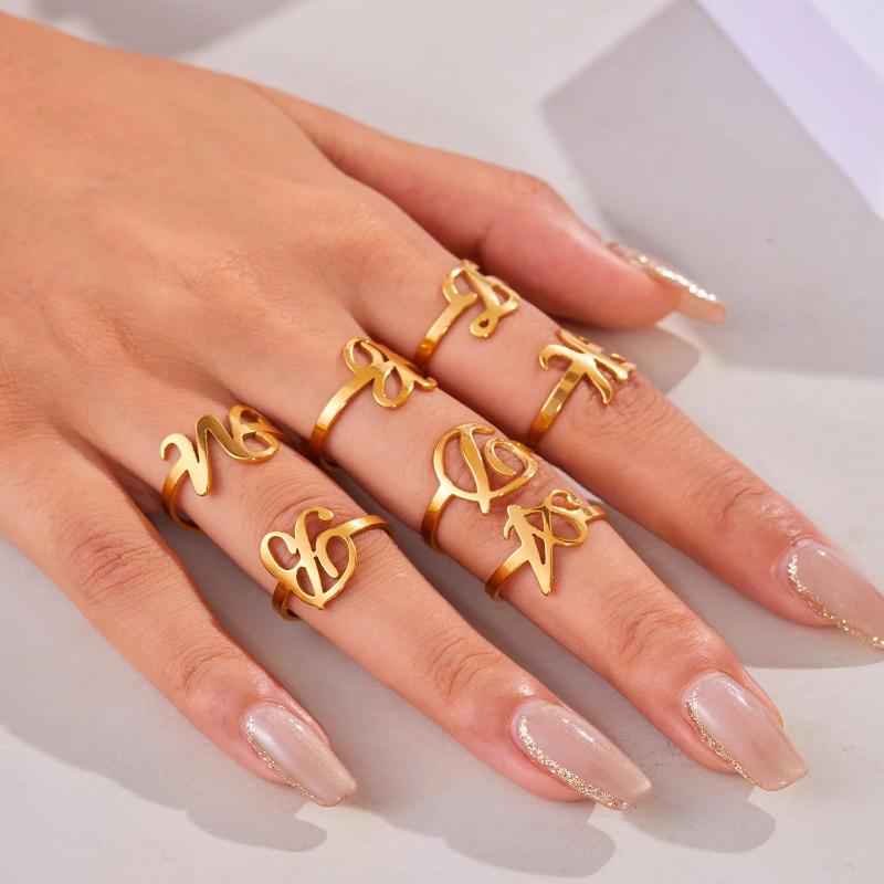 Initial Letter Rings for Women Gold Color Stainless Steel A-Z Letter Adjustable Ring Aesthetic Wedding Christmas Jewelry Gift