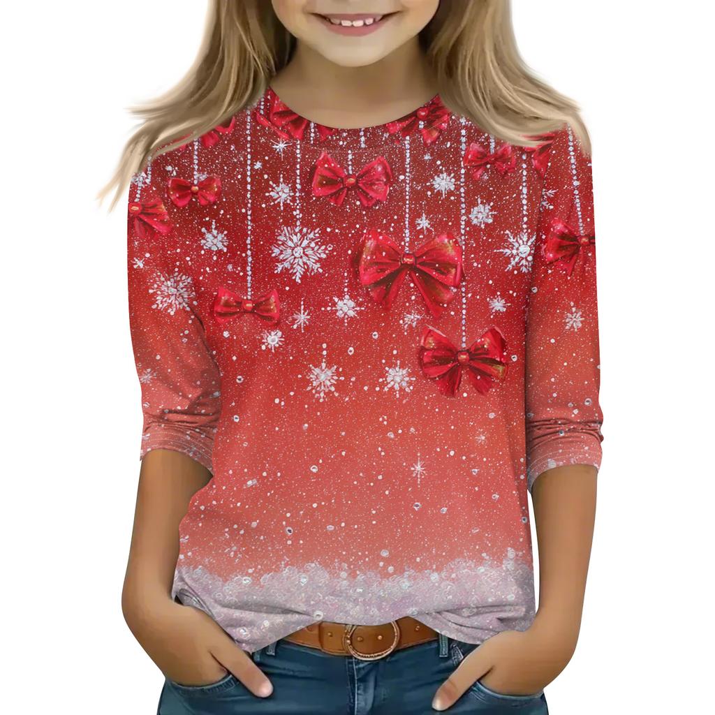 Christmas Day Print Tops For Youth Girls 4-11 Years Round Neck 3/4 Sleeves T-Shirts Trendy Tops Outfit Tees