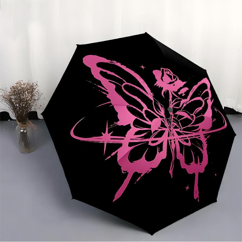 1pc Butterfly Rose Pattern Automatic Folding Umbrella - Compact 8-Rib Design, Durable Plastic & Iron, Lightweight for Outdoor Daily Use072