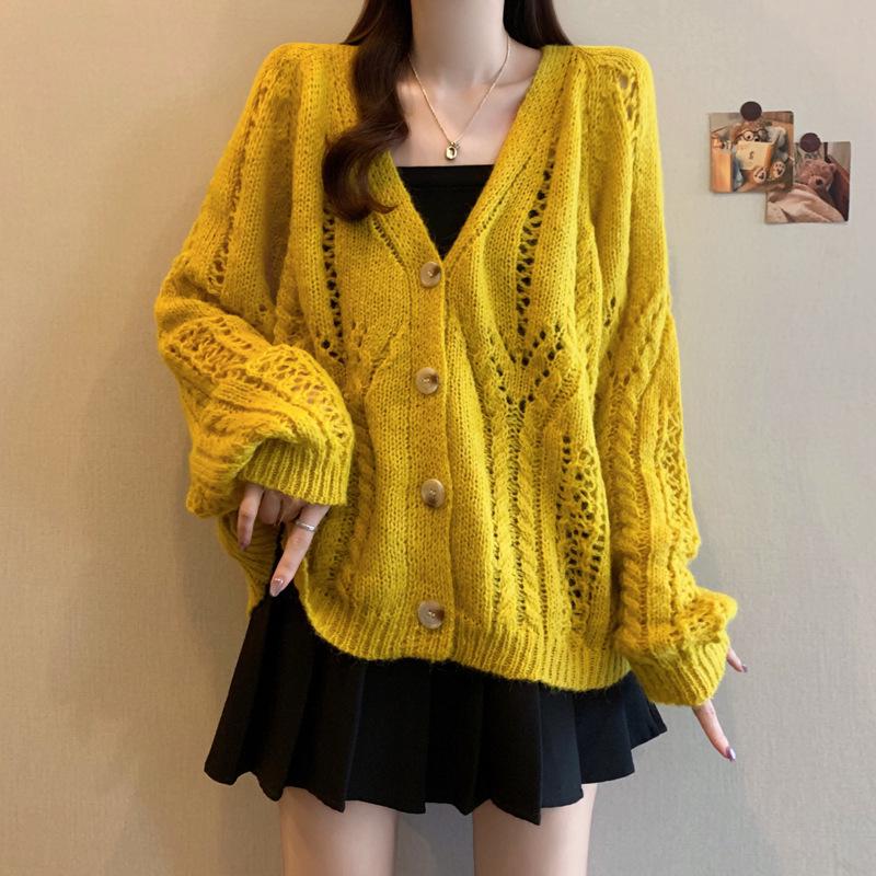 Real Shot Plus Size Colorful Korean Chic Knit Cardigan with Lace Long Sleeves One Size жёлтый