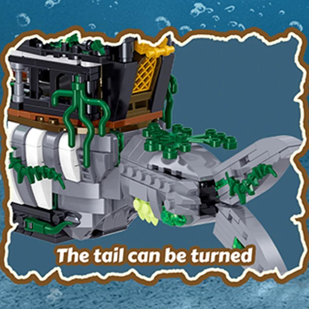 1155PCS Shark Ghost Pirate Ship Building Blocks Fantasy Sea Monster Ship Model Bricks With Light Educational DIY Toy For Adults