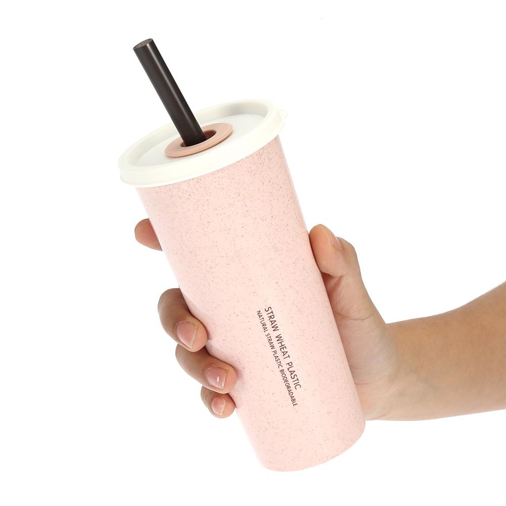 470 ml Wheat Straw Water Cup with Straw Multi Functional Double Lid   Coffee Mug Pink